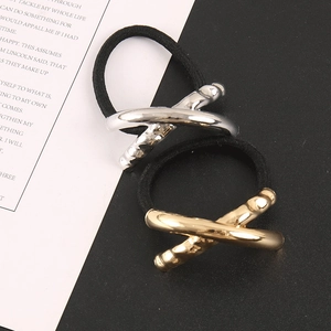 Minimalist gold and silver geometric metal cross hair ties with black elastic bands