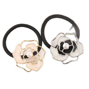 Women Elegant Camellia Flower Hair Tie French Style Enamel Artificial Pearl Elastic Hair Band Vintage Luxurious Alloy Gold Silver Hair Accessories