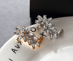 Dettaglio di orecchini a clip con strass a forma di foglia in argento e oro su piatto