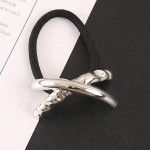 Minimalist silver geometric X-shaped metal hair tie with high-elasticity black rope cord