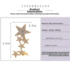 Detailed view of rhinestone star earrings in gold and silver with size specifications