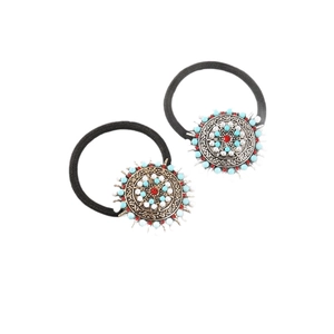 Paire d'élastiques à cheveux bohèmes en alliage avec perles turquoise et cristaux rouges