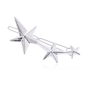 Three silver-toned metallic star hairpins with mirrored finish on a white background