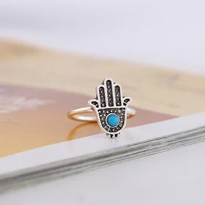 Vintage Hamsa Hand ring with turquoise stone and antique silver finish for women