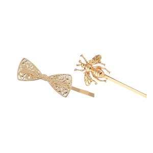 Golden hollow lace bow and honey bee alloy hair clip set for women in elegant minimalist style
