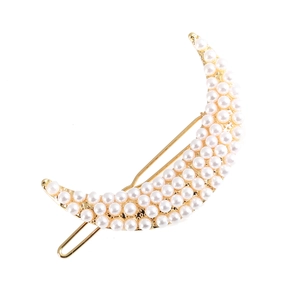 Elegant gold crescent moon hair clip featuring three rows of polished white pearls