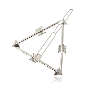 Arrow shape silver metal hair clip with three-arrow triangle design on white background