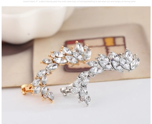 Dettaglio di orecchini a foglia con cristalli marquise in finitura oro e argento