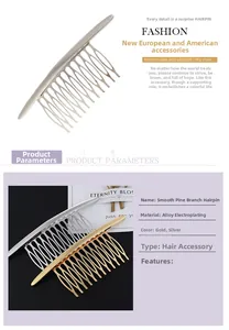 Détail du peigne à cheveux poli en alliage avec un design minimaliste de branche de pin