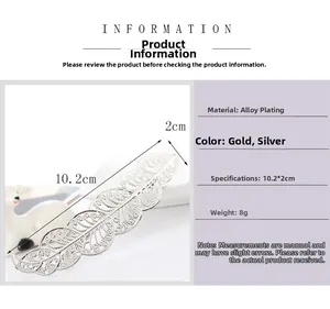 Detailed view of hollow leaf metal hair clip with measurements 10.2cm by 2cm in gold and silver