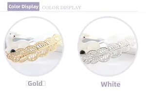 Detail view of hollow out leaf hair clips in gold and silver plated metal finishes