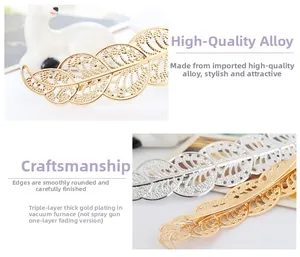 Detail of leaf-shaped metal hair clips showing gold and silver plating with fine texture