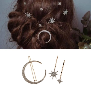 Alloy Rhinestone Star Moon Hair Clips Set For Women Vintage Antique Gold Sun Moon Hairpins Fashion Hair Accessories