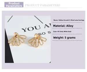 Detail view of hollow 5-petal lotus stud earrings in KC gold and white gold finishes