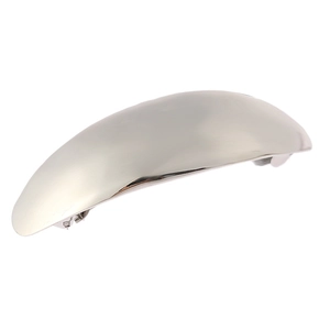 Minimalist silver metal hair clip with polished surface shown from a 45-degree angle