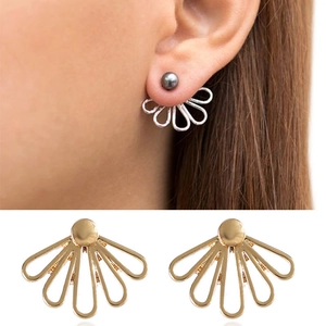 European American Fashion Hollow Lotus Stud Earrings For Women Minimalist Alloy Fan Shaped Smooth Flower Ear Jacket Jewelry