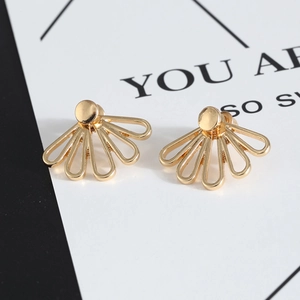 Elegant gold hollow five-petal flower stud earrings for women in a minimalist fan design