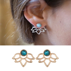 Bohemian Hollow Lotus Flower Stud Earrings Vintage Rose Gold Silver Alloy Earrings With Artificial Stone Inlay Women Jewelry