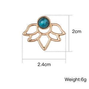 Golden lotus flower earrings with blue turquoise bead including size measurement guide