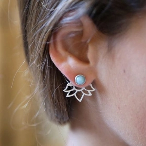 Bohemian silver hollow lotus ear jackets with light blue gemstone for women
