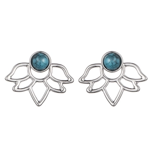 Fashionable lotus hollow silver stud earrings with round blue stone in center