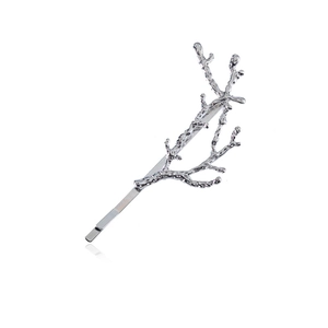 Minimalist silver branch hair clip with metallic texture and antler design for women