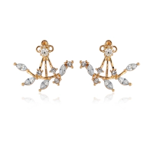Elegant gold leaf crystal crawler earrings with marquise rhinestones on white background