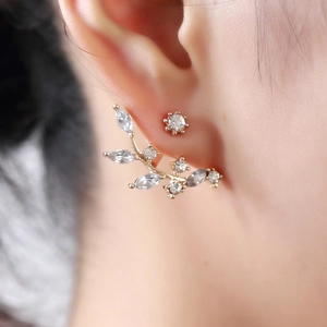 Elegant gold vine leaf crawler earrings with sparkling crystal rhinestones for women