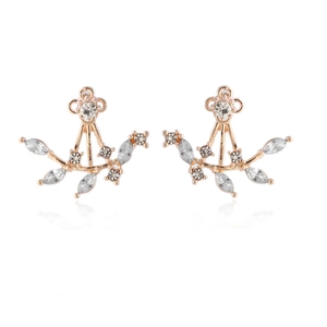Elegant rose gold leaf climber earrings with marquise crystal cluster on white base