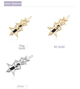 Three-piece hollow star hair clips shown in matte gold, KC gold, and silver finishes