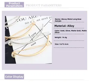 Detailed size and material specification chart for the metal long bow hair clip