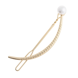 Elegant gold metal long bow hair clip with a smooth finish and a white pearl accent