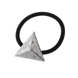 Black elastic hair tie with silver brushed textured alloy triangle metal decoration