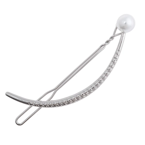 Sleek silver wave-shaped metal hair clip with an elegant white pearl accent