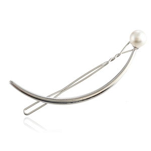 Elegant silver metal bow hair clip featuring a smooth curved design with a white pearl accent