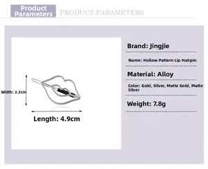 Detailed size specifications for hollow lip-shaped alloy hair clip in silver finish