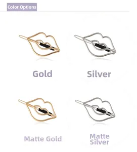 Detailed comparison of lip-shaped hollow metal hair clips in gold, silver, and matte finishes