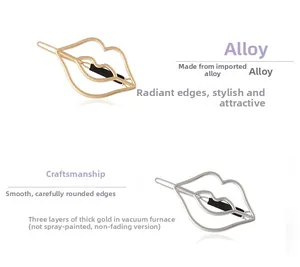 Detail of hollow lip-shaped alloy hair clip with gold and silver vacuum plating finish