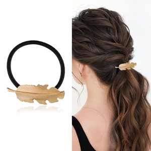 Vintage Alloy Leaf Feather Shape Hair Ties For Women Gold Silver Plated Elastic Hair Rope Fashion Ponytail Holder Jewelry