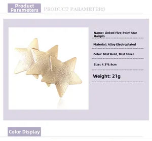 Detailed view of matte gold alloy triple star hair clip with 4.3x6.9cm dimensions
