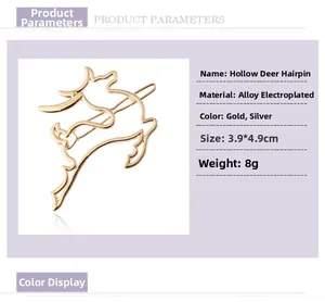 Hollow gold deer hair clip details in alloy plating measuring 3.9x4.9cm size