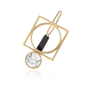 Golden geometric square and round hair clip with black and white marble stone pendant