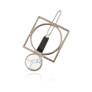 Minimalist silver geometric hair clip with square and circular turquoise stone inlay