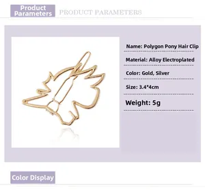 Detailed dimensions of the geometric horse head hair clip in polished alloy gold and silver