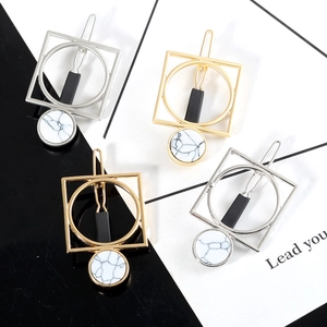 Geometric square and round hair clips set with white marble stone in gold and silver