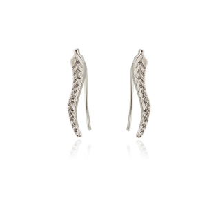 Elegant silver leaf crawler earrings with sparkling cubic zirconia crystals on white background