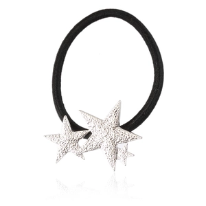 Minimalist black elastic hair tie with three textured silver star charms on white background