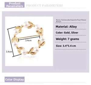 Détails des dimensions et matériaux de la broche couronne en perles et feuilles
