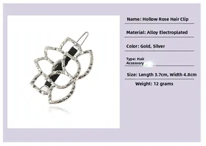 Macro shot of silver hollow rose hair clip with precise 3.7x4.8cm size measurements
