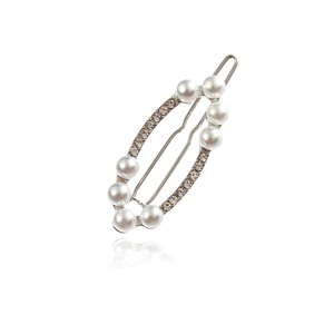 Barrette géométrique élégante avec perles blanches et strass brillants sur base argentée